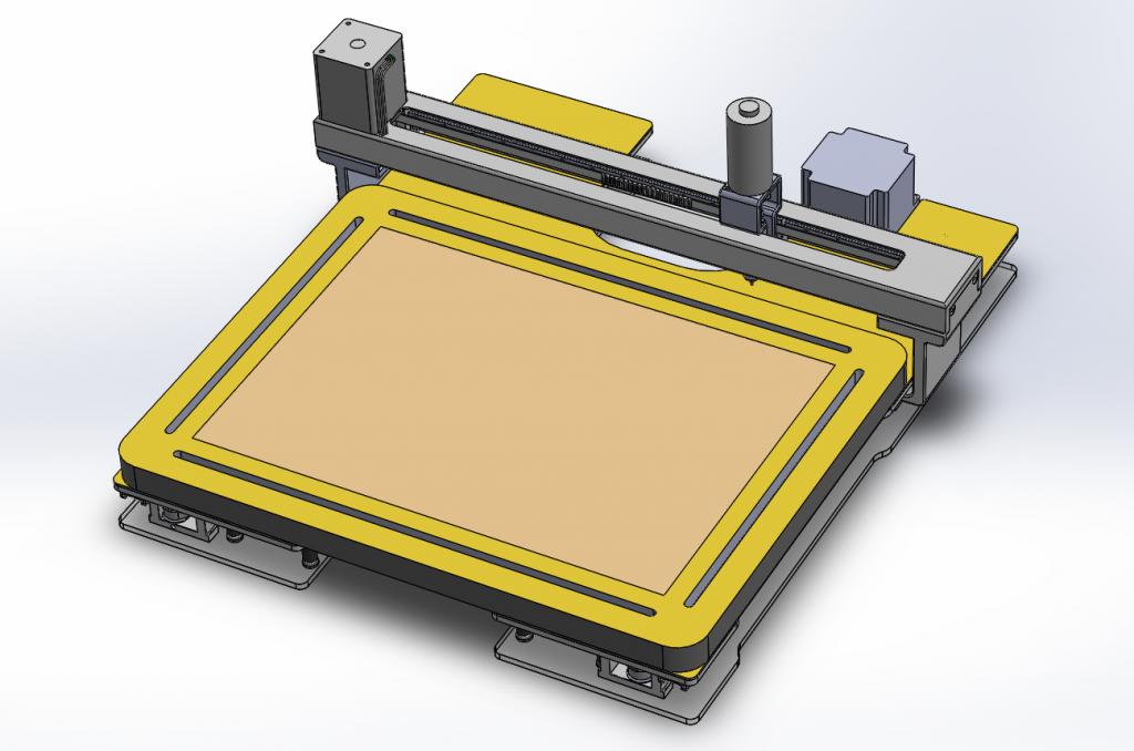 This computer model shows how the MDA is built up. The MDA's body is shaped like a large capital H with dimensions of approximately 37x43 cm across and 2.5 cm high. The TactiPad can be placed either in landscape or portrait orientation on top of this body. A motor-driven arm slides from back to front over the TactiPad, with a motorised pen moving from left to right along the arm. This pen moves across the surface of the TactiPad and creates the tactile image from the TactileView tactile graphics software.